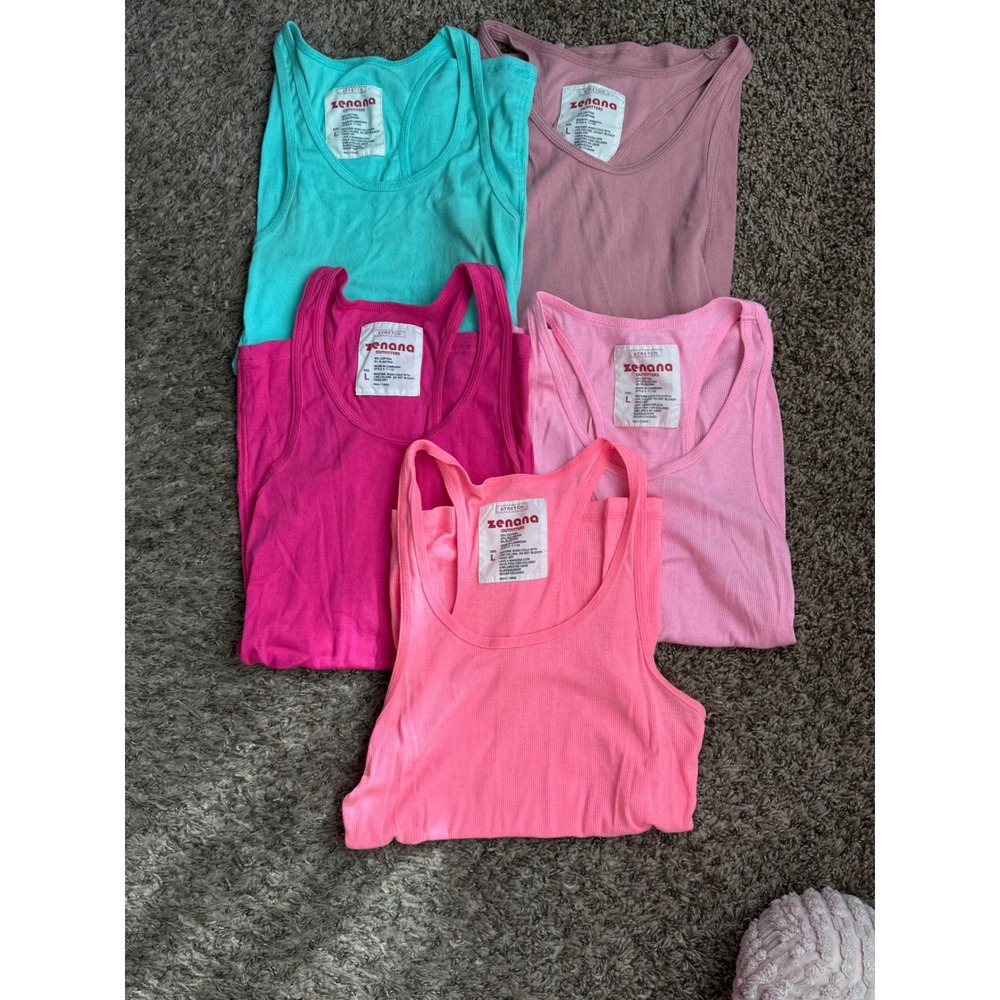 Zenana Outfitters Ribbed Racerback Tank Tops Bundle 5 Pack Pink Aqua Large T1159